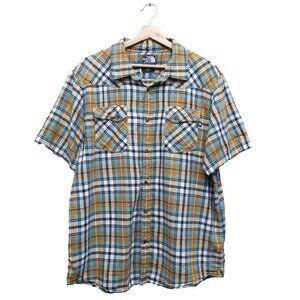 The North Face Short Sleeve Plaid Button Up Shirt Blue Yellow